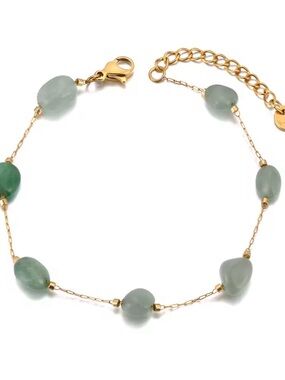 Gold 18K Gold Plated Chain Bracelet with Smooth Natural Jade Stone Accents